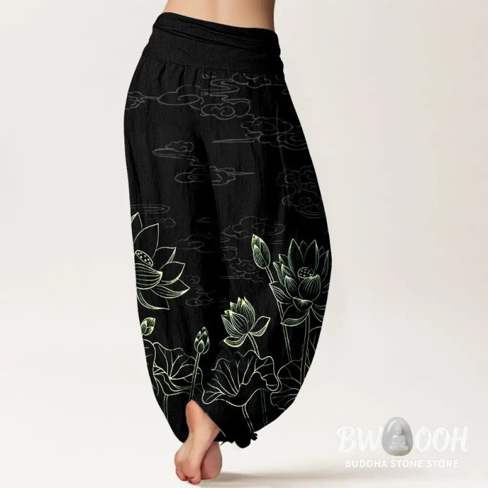 Buddha Stones Pure Cotton Concise Lotus Flower Leaf Pod Bud Cloud Pattern Women’s Elastic Waist Harem Pants - Women’s