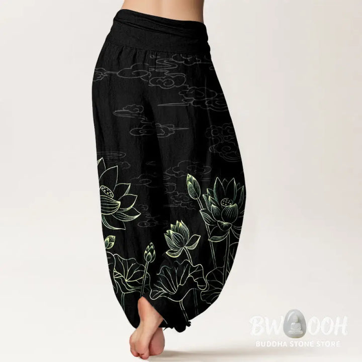 Buddha Stones Pure Cotton Concise Lotus Flower Leaf Pod Bud Cloud Pattern Women’s Elastic Waist Harem Pants - Women’s