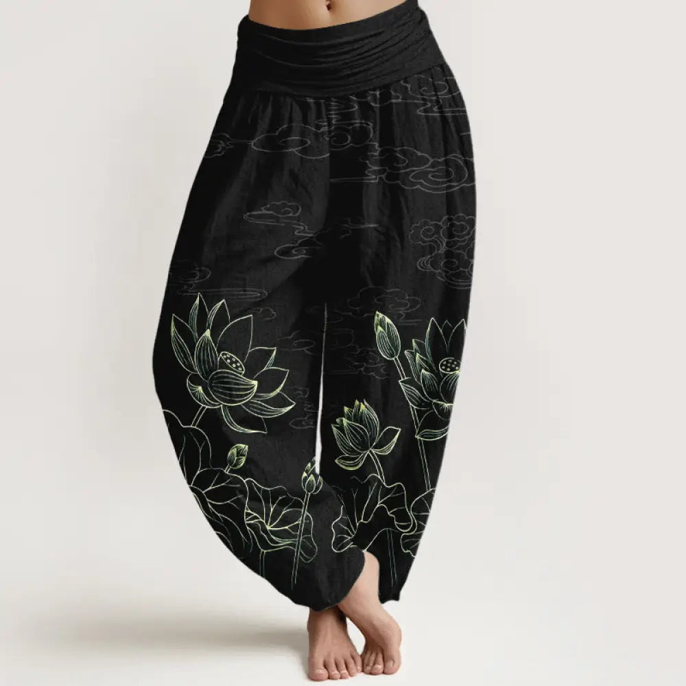 Buddha Stones Pure Cotton Concise Lotus Flower Leaf Pod Bud Cloud Pattern Women’s Elastic Waist Harem Pants - Black