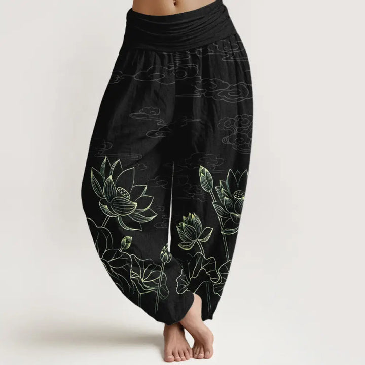 Buddha Stones Pure Cotton Concise Lotus Flower Leaf Pod Bud Cloud Pattern Women’s Elastic Waist Harem Pants - Black