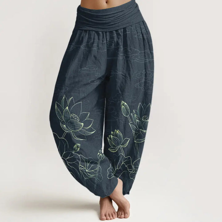 Buddha Stones Pure Cotton Concise Lotus Flower Leaf Pod Bud Cloud Pattern Women’s Elastic Waist Harem Pants - DimGray