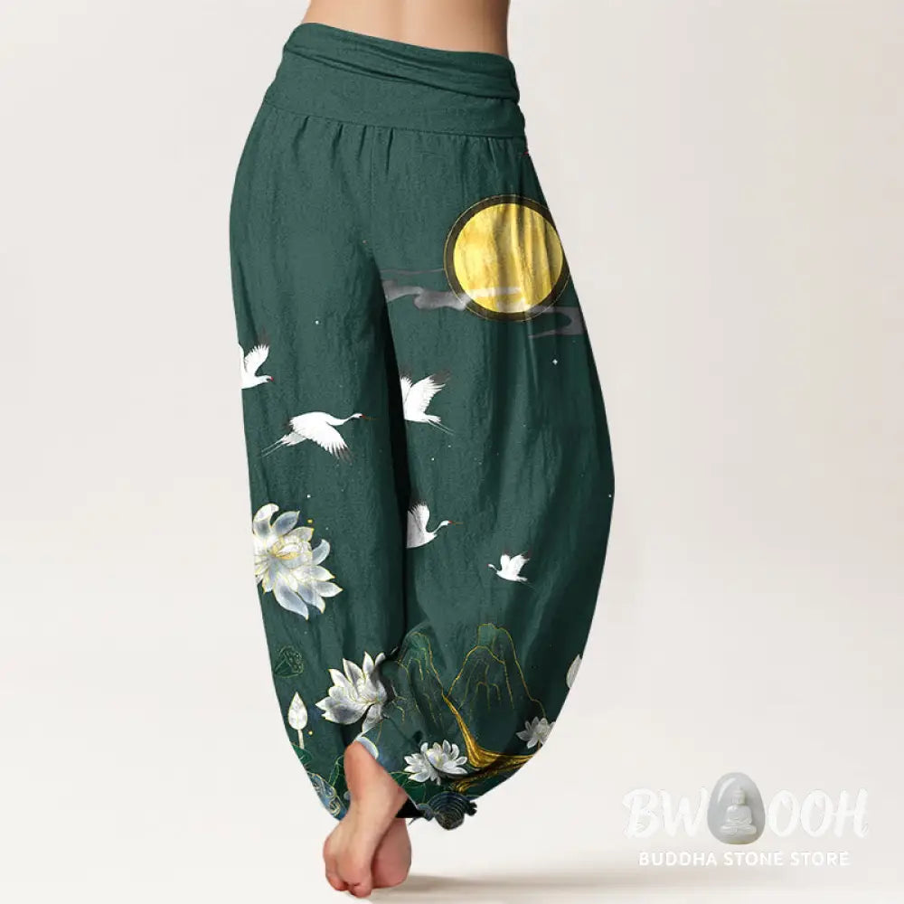 Buddha Stones Pure Cotton Crane Blooming Lotus Moon Mountain Women’s Elastic Waist Harem Pants - Women’s Harem Pants