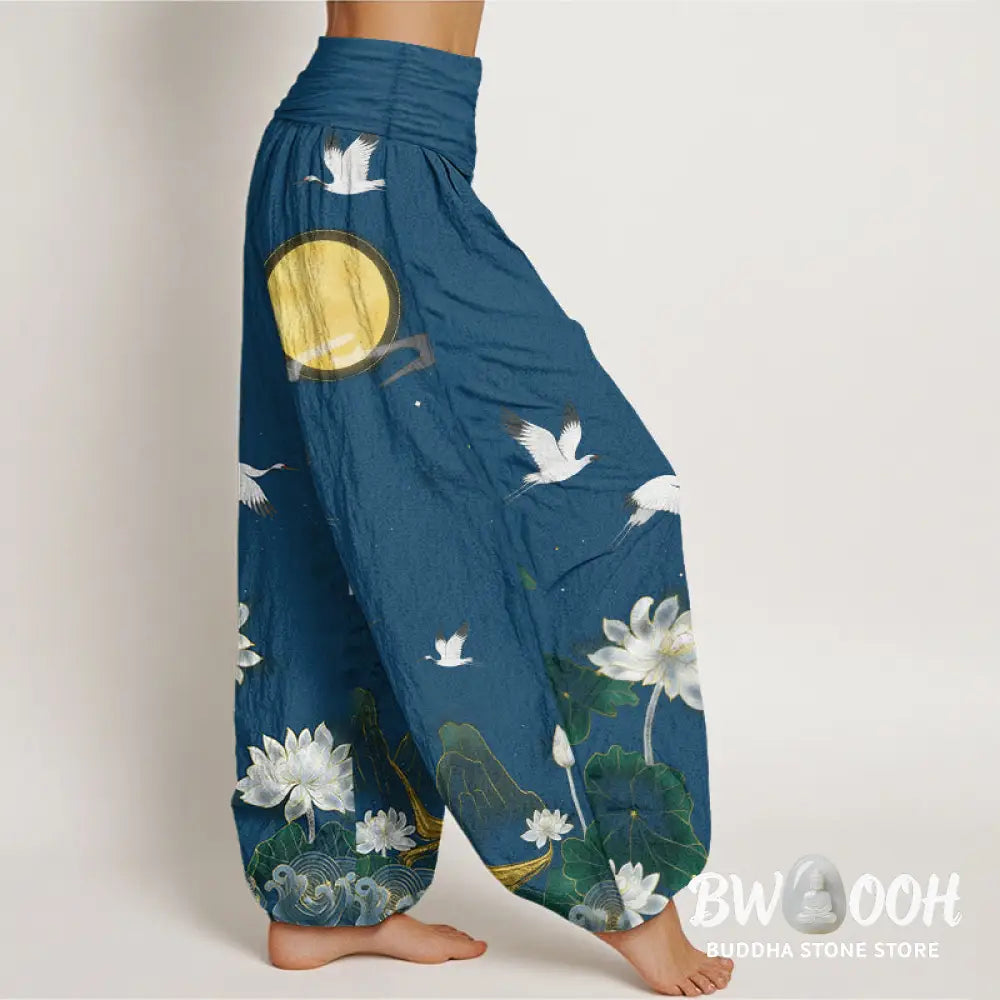 Buddha Stones Pure Cotton Crane Blooming Lotus Moon Mountain Women’s Elastic Waist Harem Pants - Women’s Harem Pants
