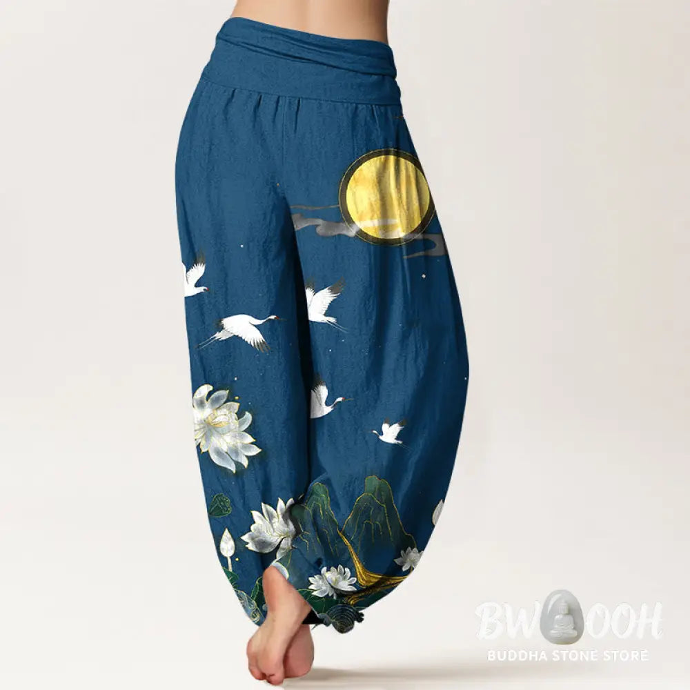 Buddha Stones Pure Cotton Crane Blooming Lotus Moon Mountain Women’s Elastic Waist Harem Pants - Women’s Harem Pants