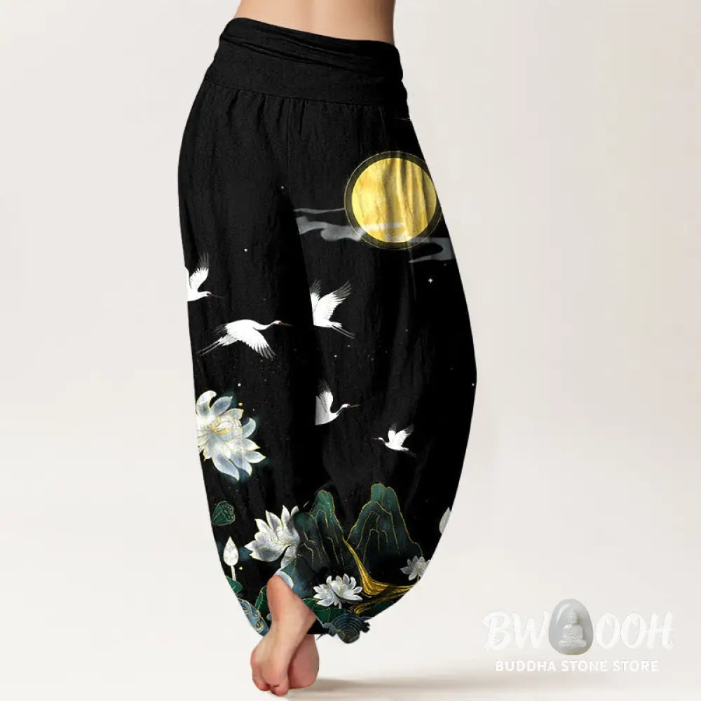 Buddha Stones Pure Cotton Crane Blooming Lotus Moon Mountain Women’s Elastic Waist Harem Pants - Women’s Harem Pants