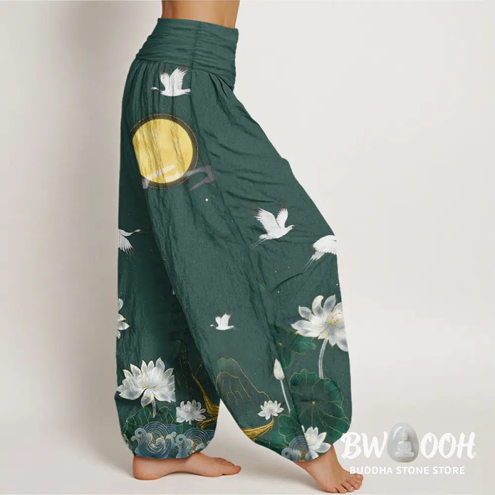 Buddha Stones Pure Cotton Crane Blooming Lotus Moon Mountain Women’s Elastic Waist Harem Pants - Women’s Harem Pants