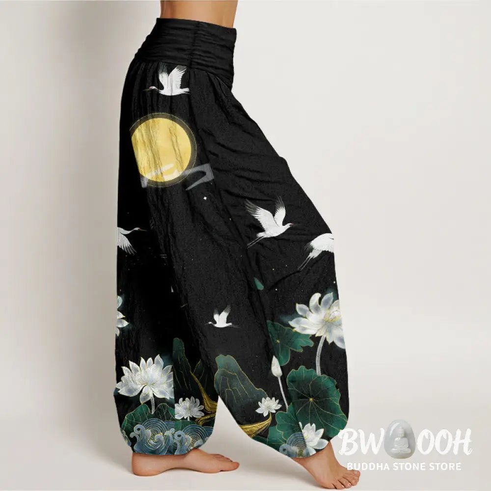 Buddha Stones Pure Cotton Crane Blooming Lotus Moon Mountain Women’s Elastic Waist Harem Pants - Women’s Harem Pants