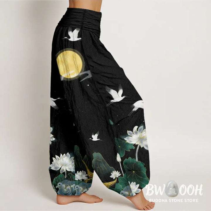 Buddha Stones Pure Cotton Crane Blooming Lotus Moon Mountain Women’s Elastic Waist Harem Pants - Women’s Harem Pants