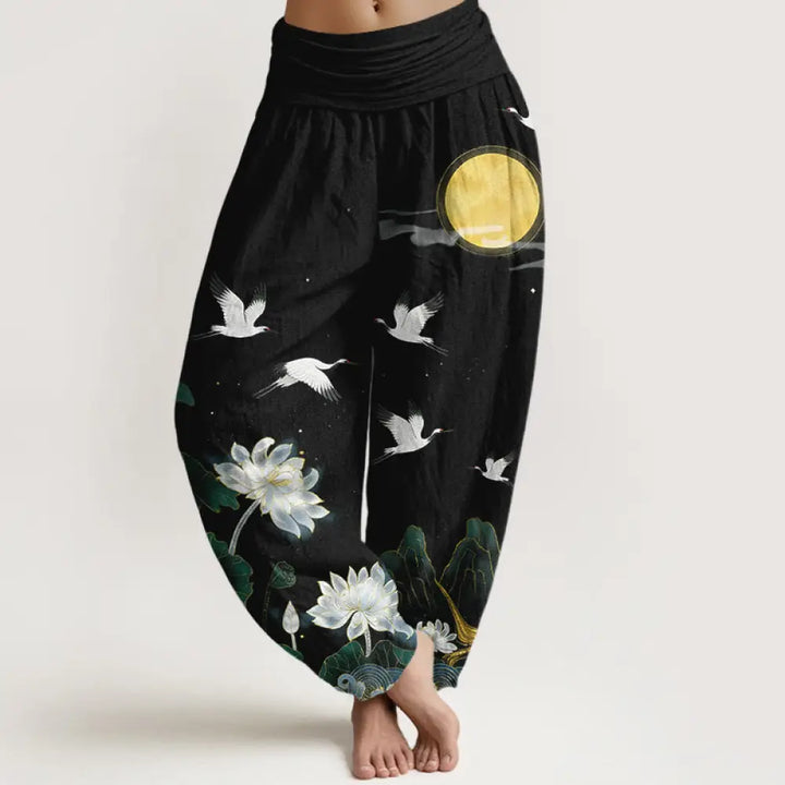 BWOOOH lotus print harem pants - Pure Cotton Crane Blooming Lotus Moon Mo