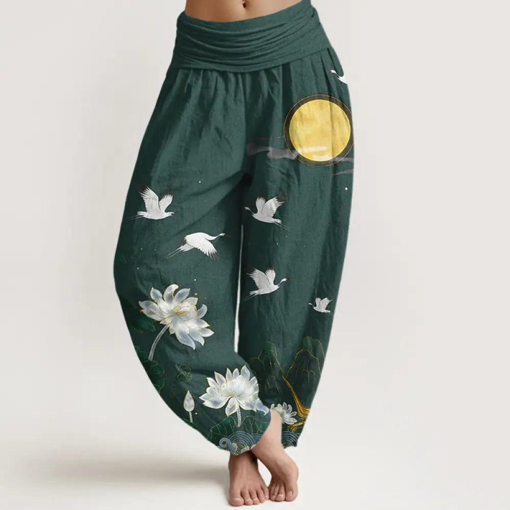 Buddha Stones Pure Cotton Crane Blooming Lotus Moon Mountain Women’s Elastic Waist Harem Pants - DarkSlateGray