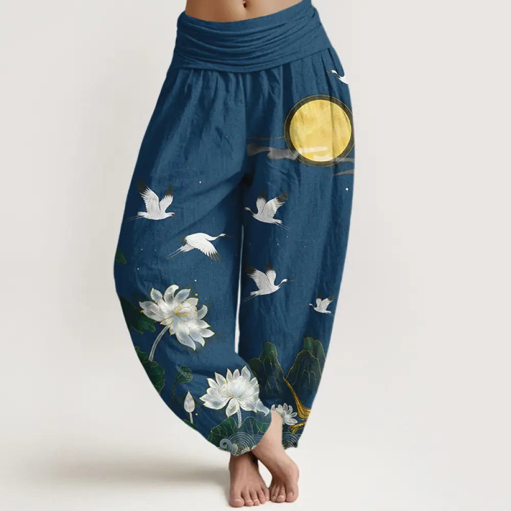 Buddha Stones Pure Cotton Crane Blooming Lotus Moon Mountain Women’s Elastic Waist Harem Pants - SteelBlue