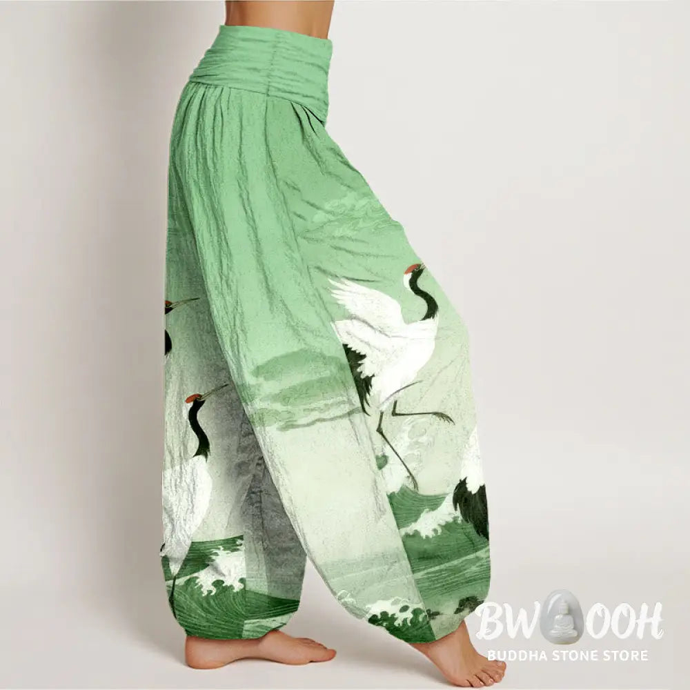 Buddha Stones Pure Cotton Cranes Auspicious Clouds Ocean Women’s Elastic Waist Harem Pants - Women’s Harem Pants