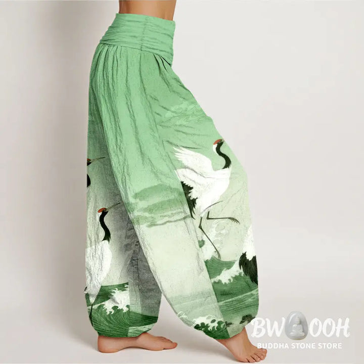 Buddha Stones Pure Cotton Cranes Auspicious Clouds Ocean Women’s Elastic Waist Harem Pants - Women’s Harem Pants