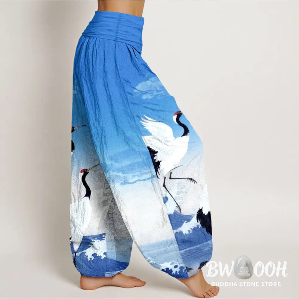 Buddha Stones Pure Cotton Cranes Auspicious Clouds Ocean Women’s Elastic Waist Harem Pants - Women’s Harem Pants
