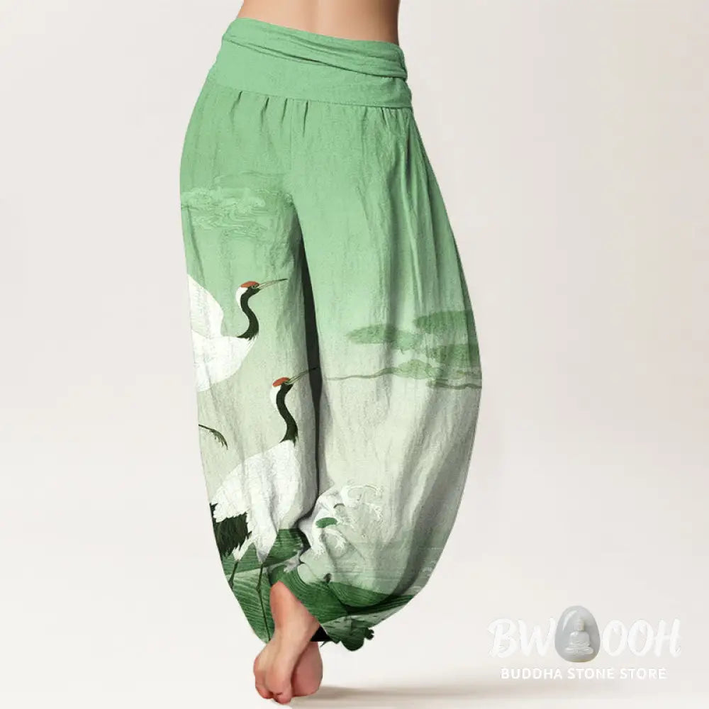 Buddha Stones Pure Cotton Cranes Auspicious Clouds Ocean Women’s Elastic Waist Harem Pants - Women’s Harem Pants