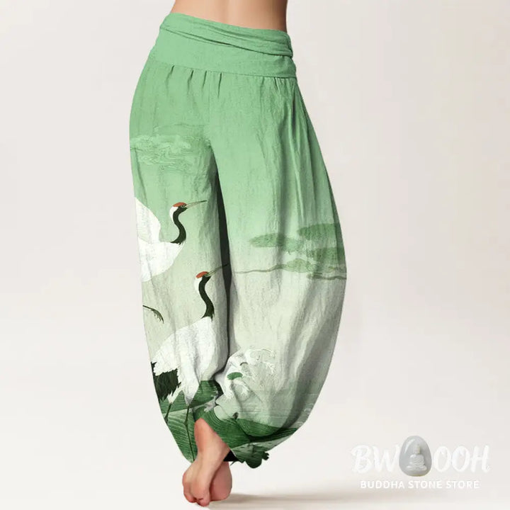 Buddha Stones Pure Cotton Cranes Auspicious Clouds Ocean Women’s Elastic Waist Harem Pants - Women’s Harem Pants