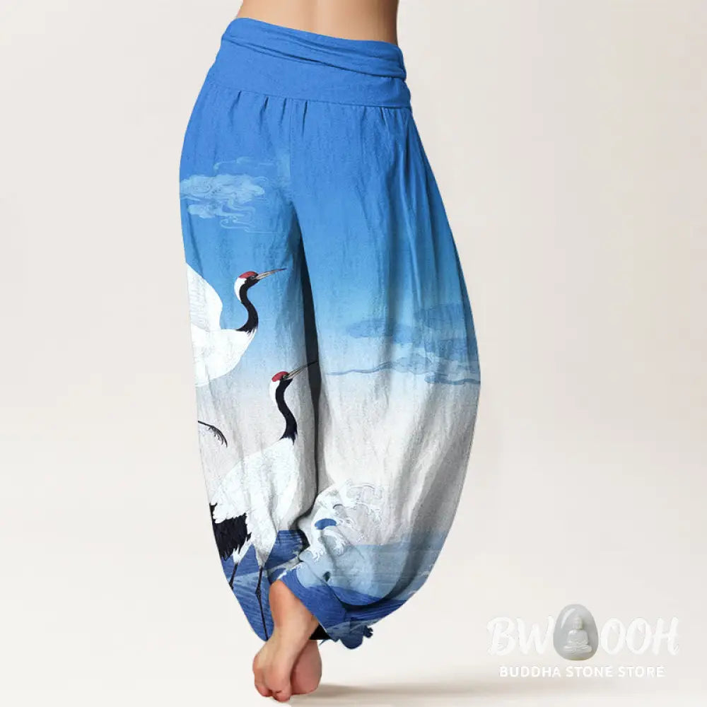 Buddha Stones Pure Cotton Cranes Auspicious Clouds Ocean Women’s Elastic Waist Harem Pants - Women’s Harem Pants
