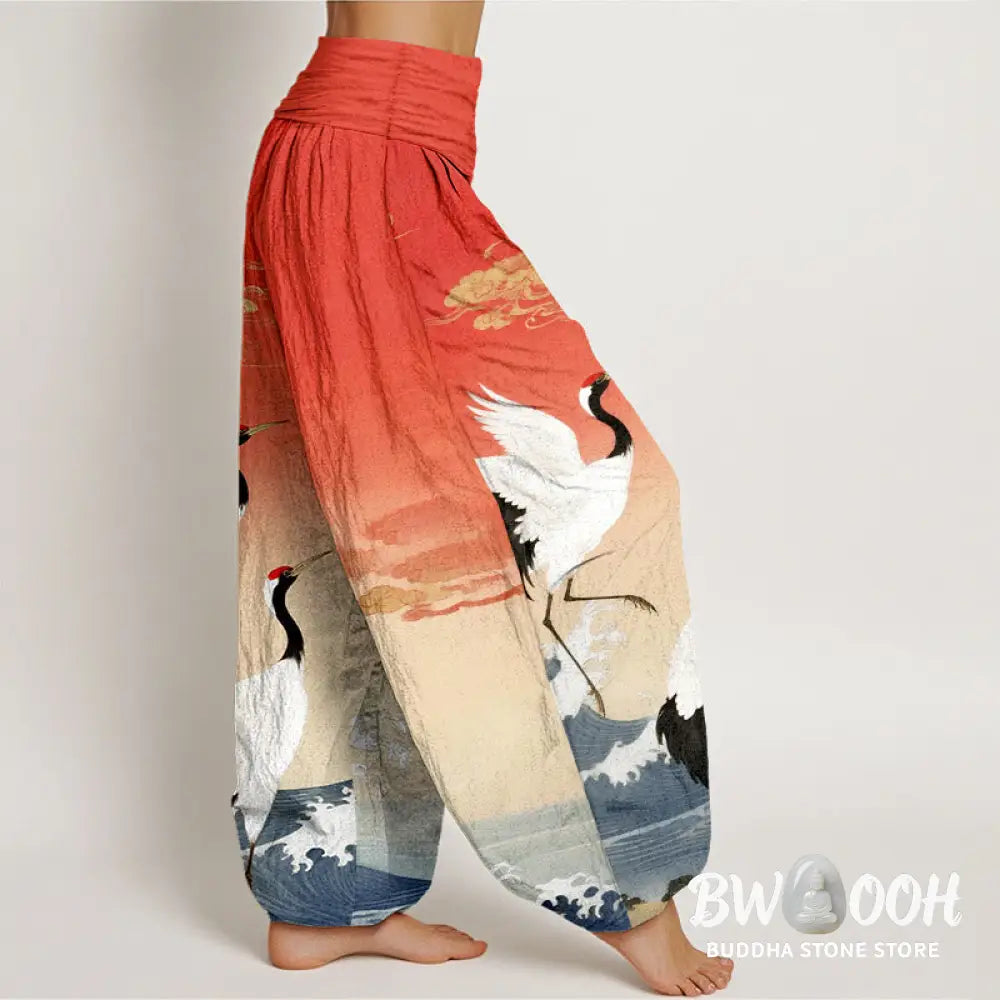 Buddha Stones Pure Cotton Cranes Auspicious Clouds Ocean Women’s Elastic Waist Harem Pants - Women’s Harem Pants
