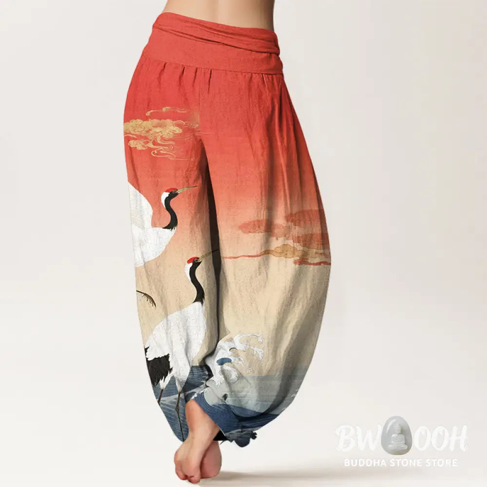 Buddha Stones Pure Cotton Cranes Auspicious Clouds Ocean Women’s Elastic Waist Harem Pants - Women’s Harem Pants
