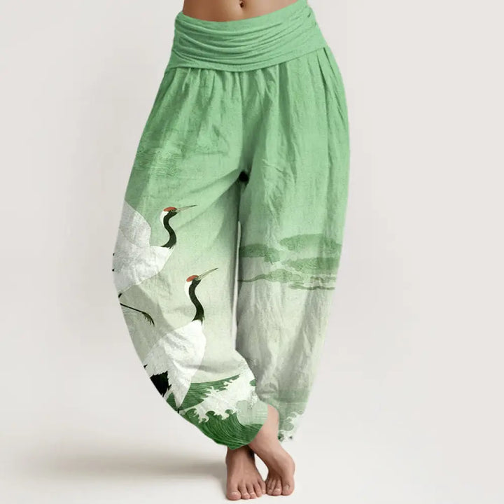 Buddha Stones Pure Cotton Cranes Auspicious Clouds Ocean Women’s Elastic Waist Harem Pants - LightGreen