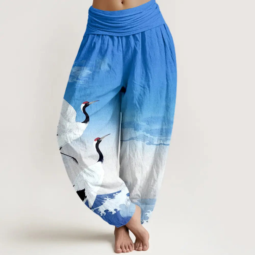 Buddha Stones Pure Cotton Cranes Auspicious Clouds Ocean Women’s Elastic Waist Harem Pants - LightSkyBlue