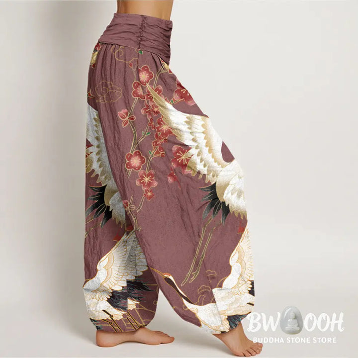 Buddha Stones Pure Cotton Cranes Flowers Auspicious Clouds Pattern Women’s Elastic Waist Harem Pants - Women’s Harem