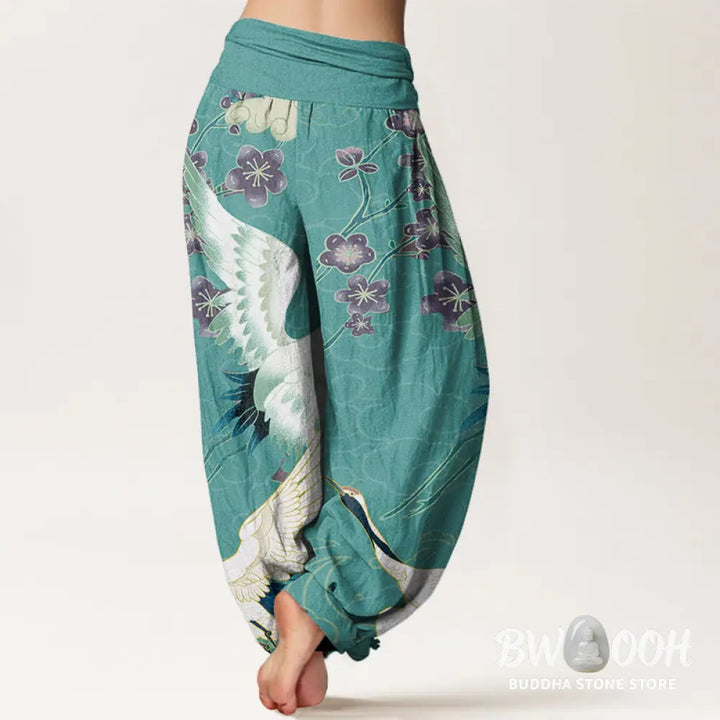 Buddha Stones Pure Cotton Cranes Flowers Auspicious Clouds Pattern Women’s Elastic Waist Harem Pants - Women’s Harem