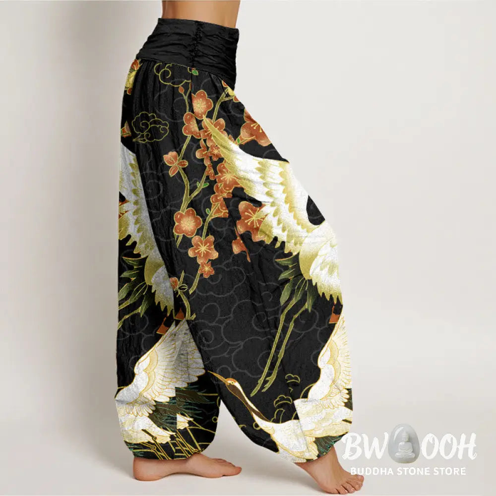 Buddha Stones Pure Cotton Cranes Flowers Auspicious Clouds Pattern Women’s Elastic Waist Harem Pants - Women’s Harem