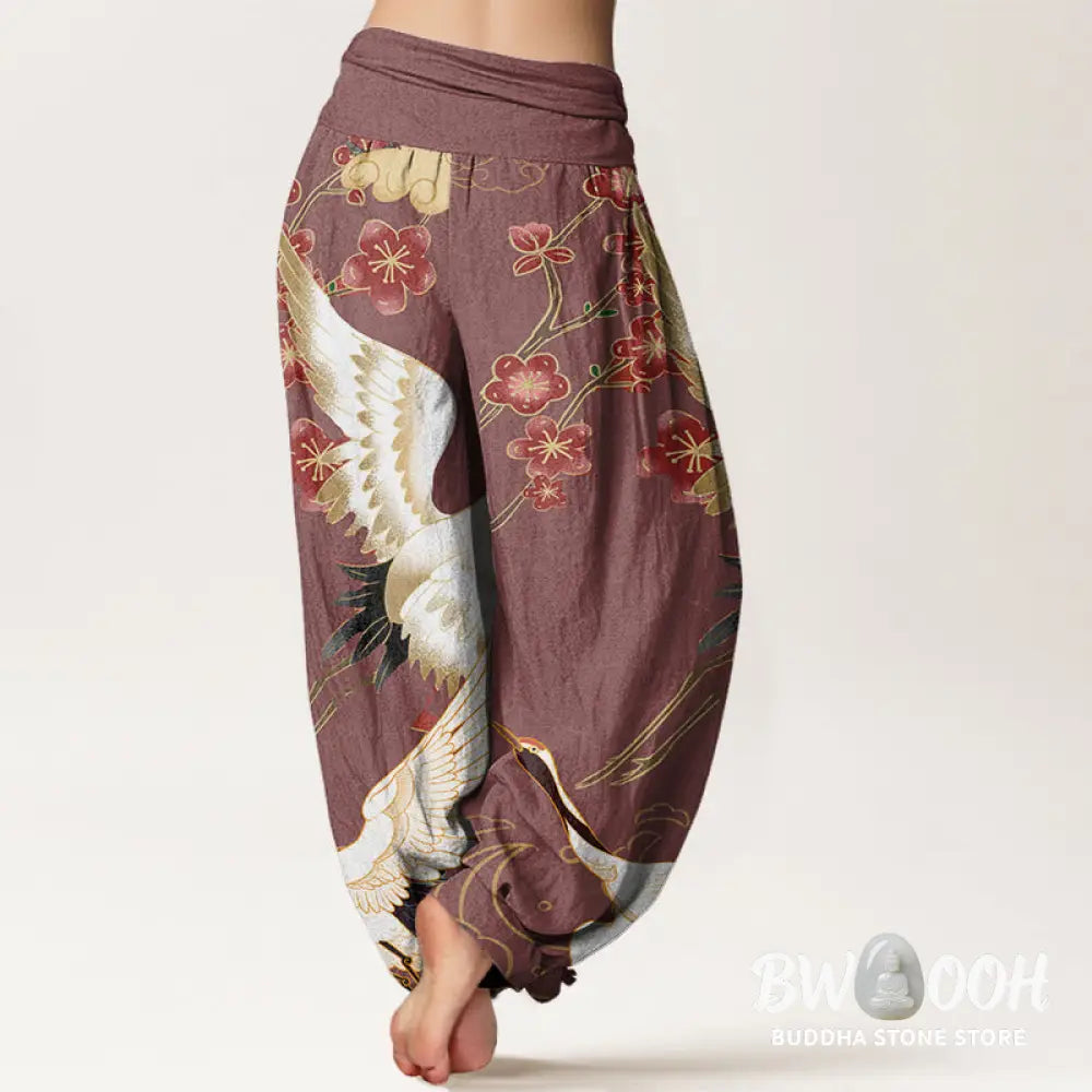 Buddha Stones Pure Cotton Cranes Flowers Auspicious Clouds Pattern Women’s Elastic Waist Harem Pants - Women’s Harem