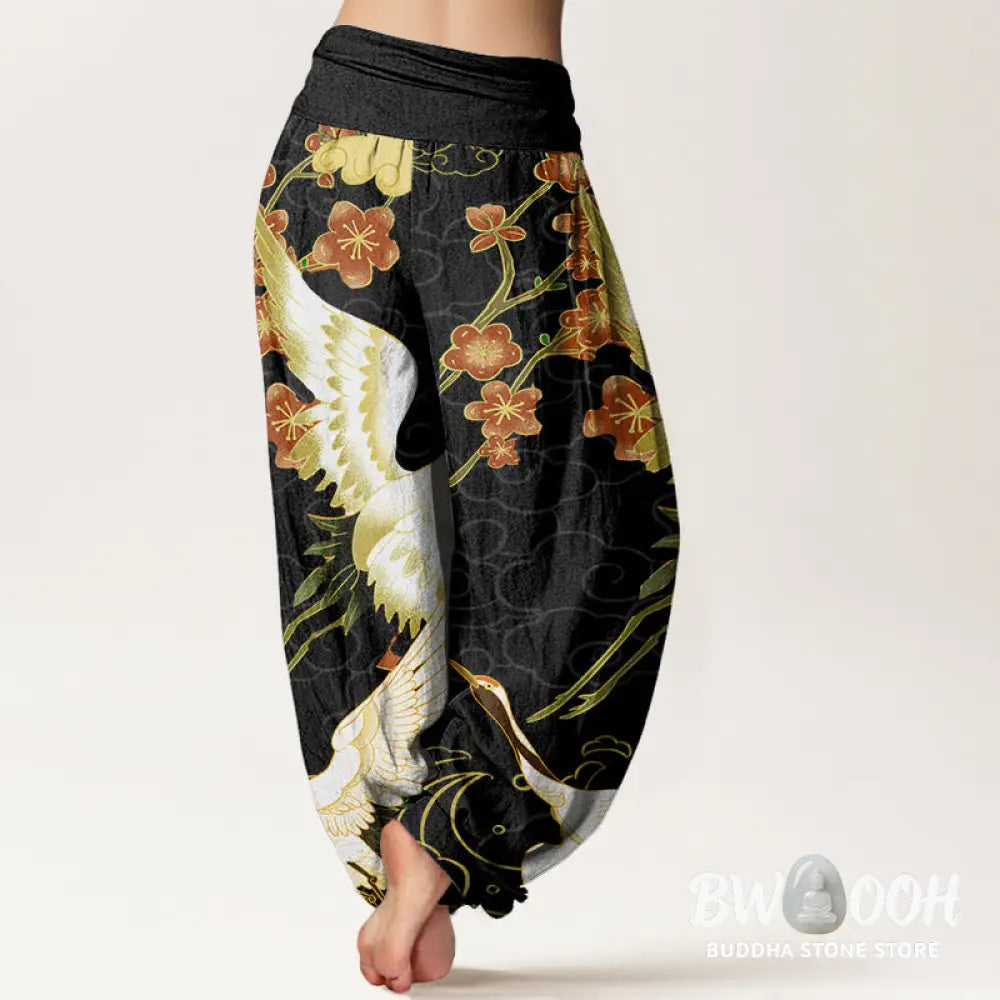 Buddha Stones Pure Cotton Cranes Flowers Auspicious Clouds Pattern Women’s Elastic Waist Harem Pants - Women’s Harem