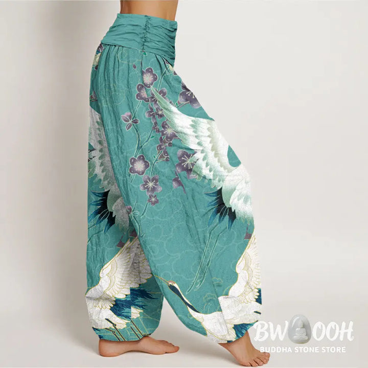 Buddha Stones Pure Cotton Cranes Flowers Auspicious Clouds Pattern Women’s Elastic Waist Harem Pants - Women’s Harem