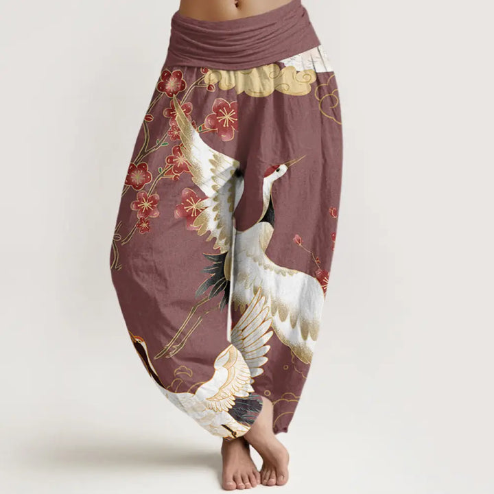 Buddha Stones Pure Cotton Cranes Flowers Auspicious Clouds Pattern Women’s Elastic Waist Harem Pants - PaleVioletRed