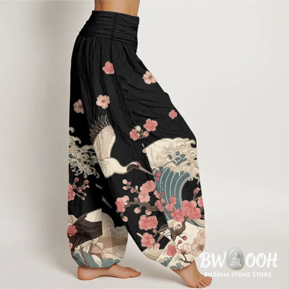 Buddha Stones Pure Cotton Cranes Peach Blossoms Ocean Women’s Elastic Waist Harem Pants - Women’s Harem Pants