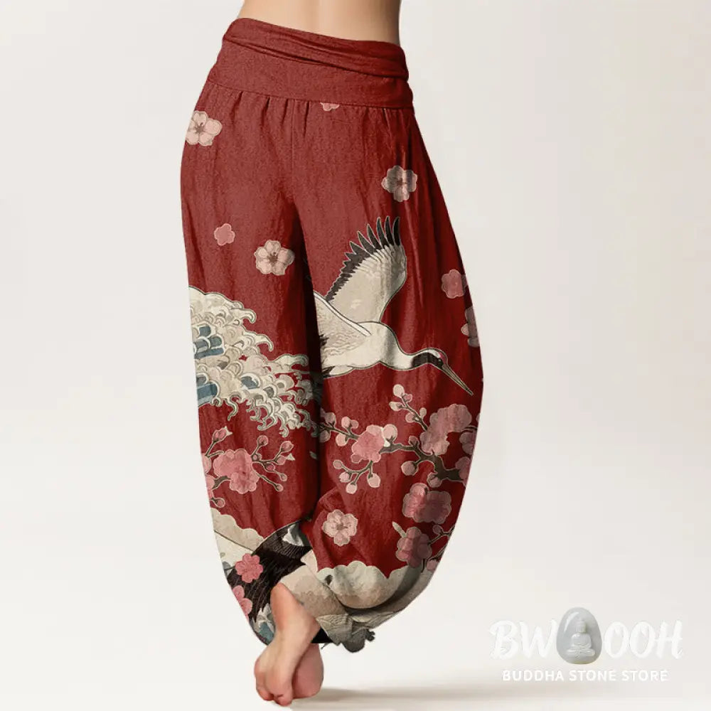 Buddha Stones Pure Cotton Cranes Peach Blossoms Ocean Women’s Elastic Waist Harem Pants - Women’s Harem Pants