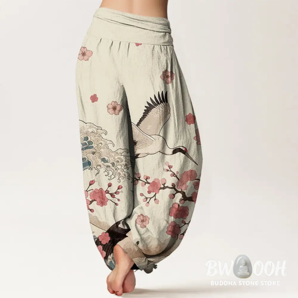 Buddha Stones Pure Cotton Cranes Peach Blossoms Ocean Women’s Elastic Waist Harem Pants - Women’s Harem Pants