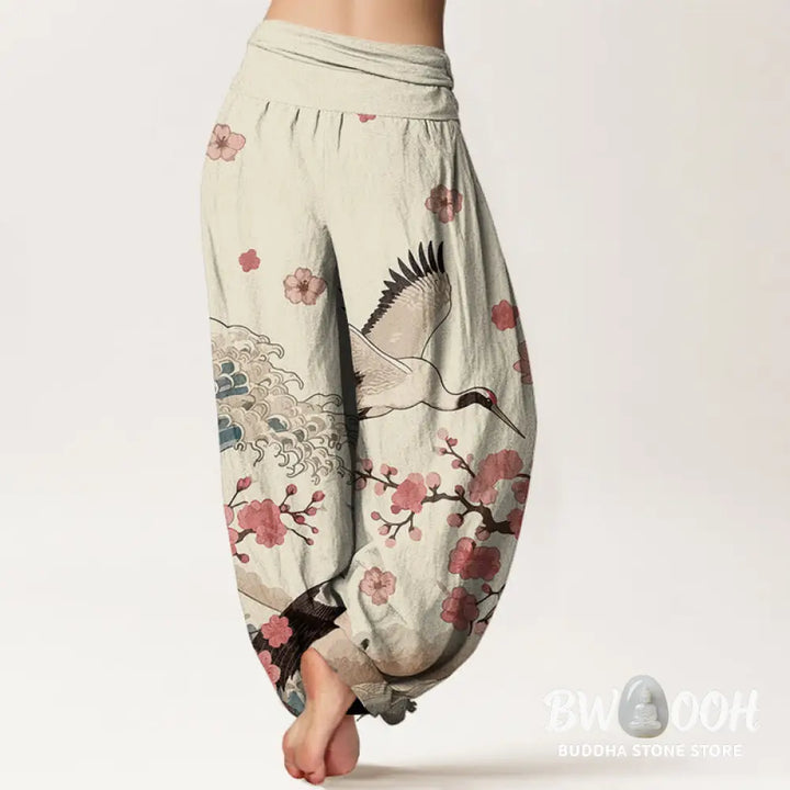 Buddha Stones Pure Cotton Cranes Peach Blossoms Ocean Women’s Elastic Waist Harem Pants - Women’s Harem Pants