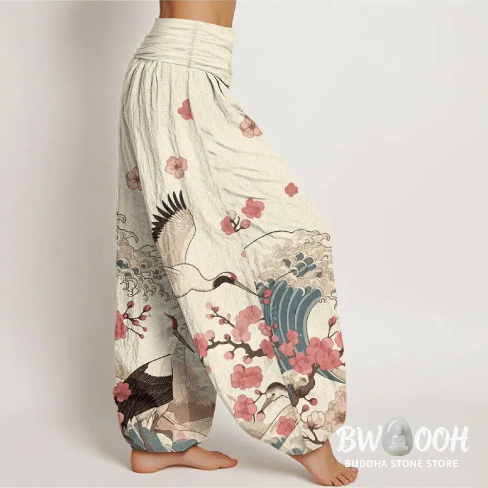 Buddha Stones Pure Cotton Cranes Peach Blossoms Ocean Women’s Elastic Waist Harem Pants - Women’s Harem Pants