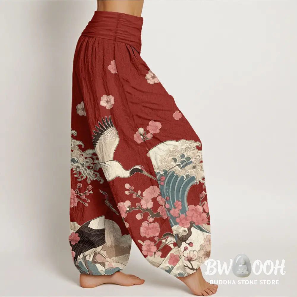 Buddha Stones Pure Cotton Cranes Peach Blossoms Ocean Women’s Elastic Waist Harem Pants - Women’s Harem Pants
