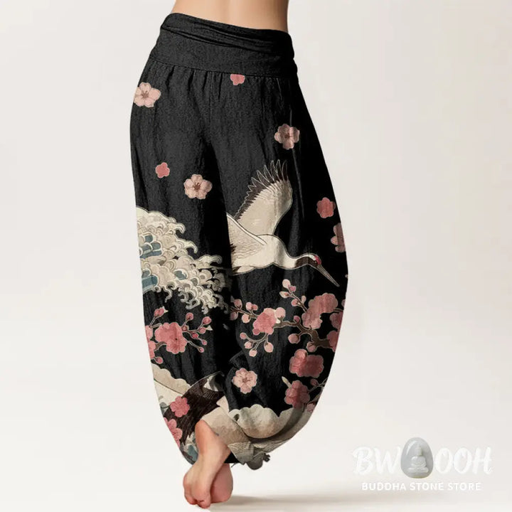 Buddha Stones Pure Cotton Cranes Peach Blossoms Ocean Women’s Elastic Waist Harem Pants - Women’s Harem Pants
