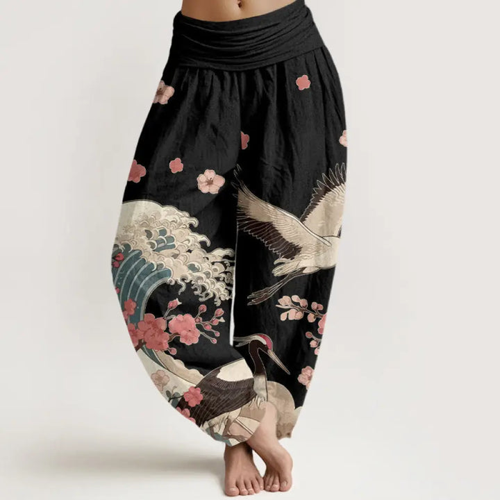 Buddha Stones Pure Cotton Cranes Peach Blossoms Ocean Women’s Elastic Waist Harem Pants - Black / US2，UK/AU6，EU34 (XS)