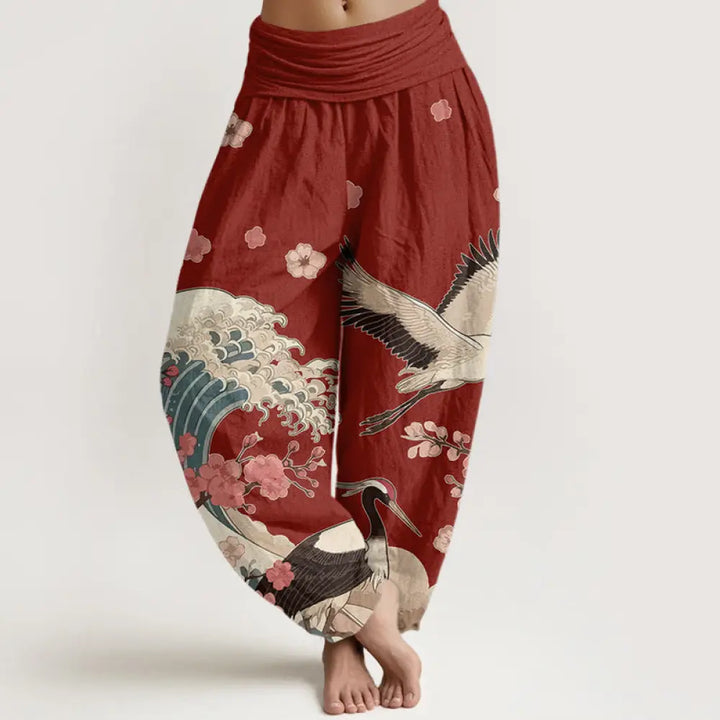 BWOOOH printed harem pants - Pure Cotton Cranes Peach Blossoms Ocean 