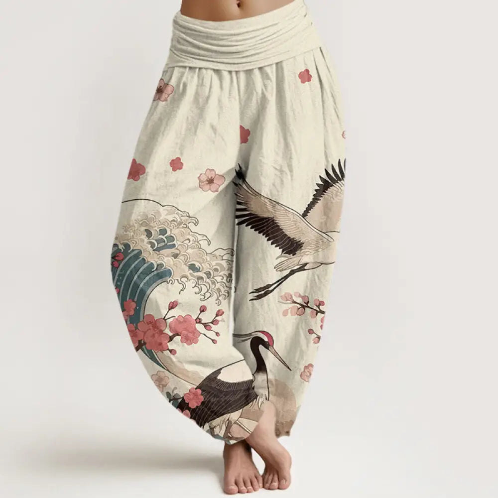 Buddha Stones Pure Cotton Cranes Peach Blossoms Ocean Women’s Elastic Waist Harem Pants - Linen / US2，UK/AU6，EU34 (XS)