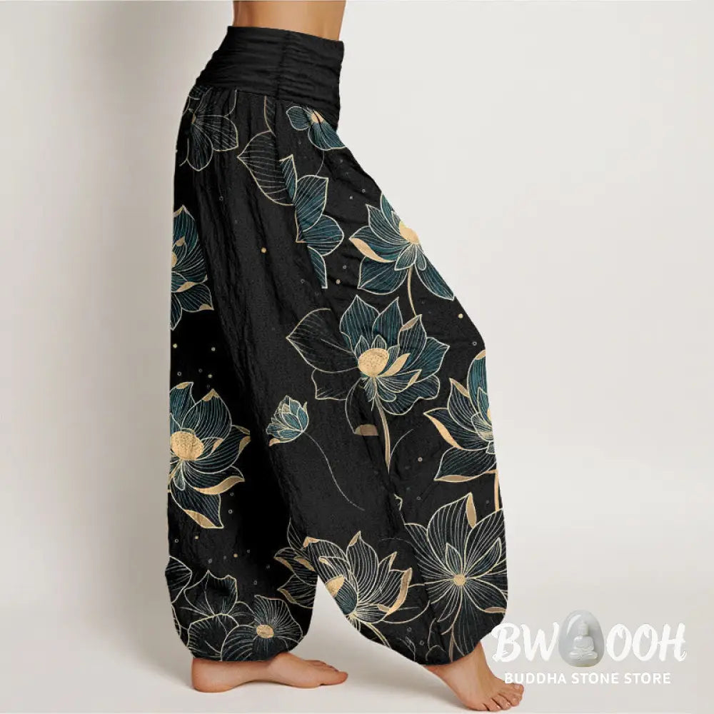 Buddha Stones Pure Cotton Delicate Lotus Pattern Women’s Elastic Waist Harem Pants - Women’s Harem Pants