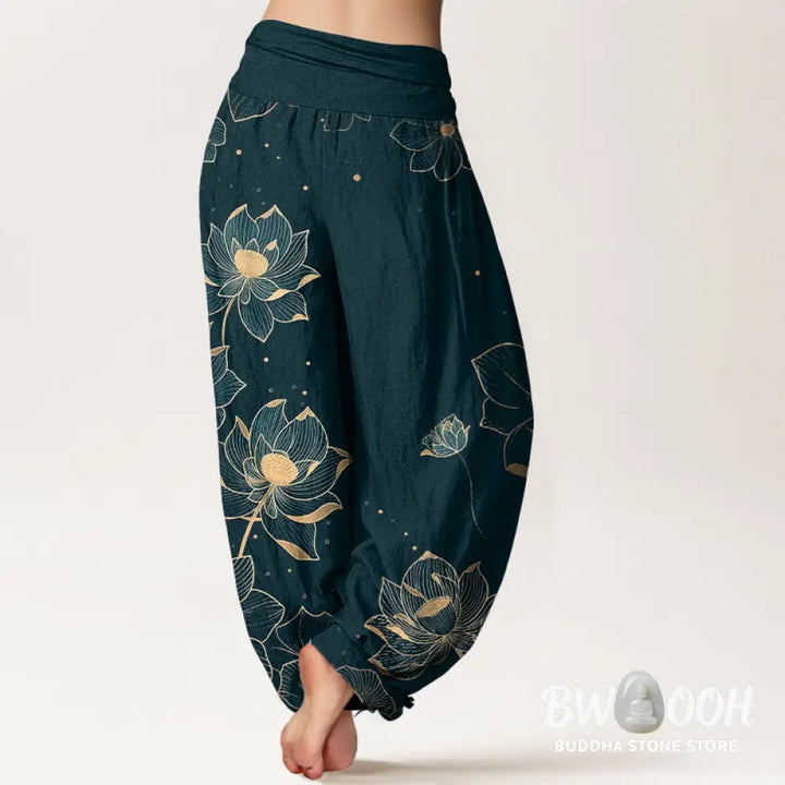 Buddha Stones Pure Cotton Delicate Lotus Pattern Women’s Elastic Waist Harem Pants - Women’s Harem Pants
