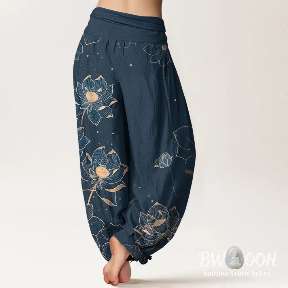 Buddha Stones Pure Cotton Delicate Lotus Pattern Women’s Elastic Waist Harem Pants - Women’s Harem Pants