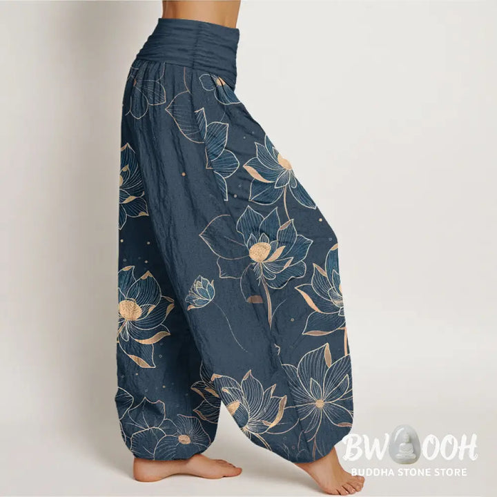 Buddha Stones Pure Cotton Delicate Lotus Pattern Women’s Elastic Waist Harem Pants - Women’s Harem Pants