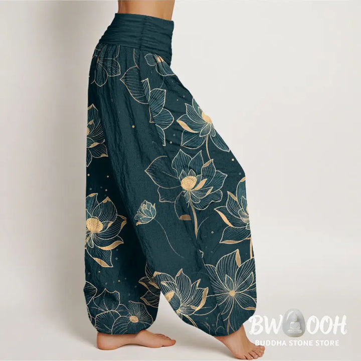 Buddha Stones Pure Cotton Delicate Lotus Pattern Women’s Elastic Waist Harem Pants - Women’s Harem Pants