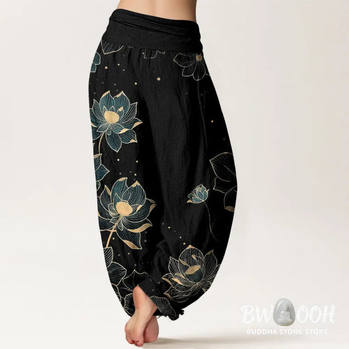 Buddha Stones Pure Cotton Delicate Lotus Pattern Women’s Elastic Waist Harem Pants - Women’s Harem Pants