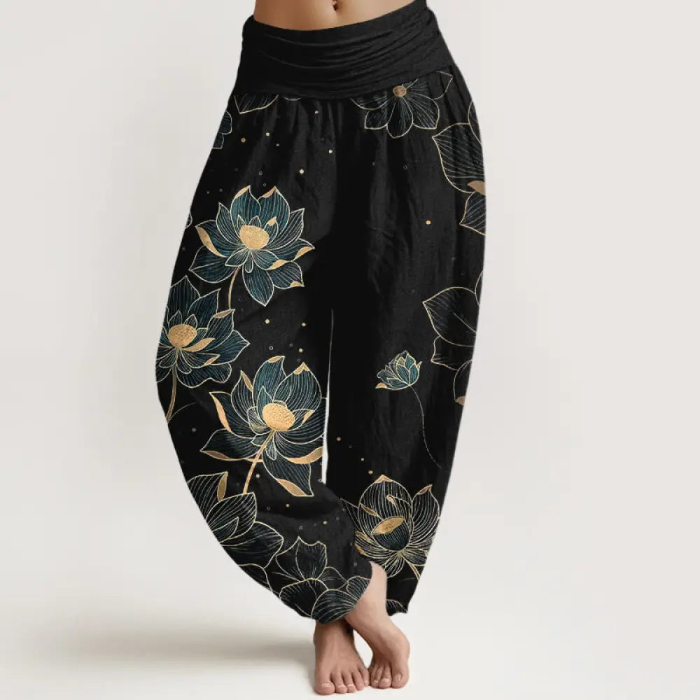 Buddha Stones Pure Cotton Delicate Lotus Pattern Women’s Elastic Waist Harem Pants - Black / US2，UK/AU6，EU34 (XS)