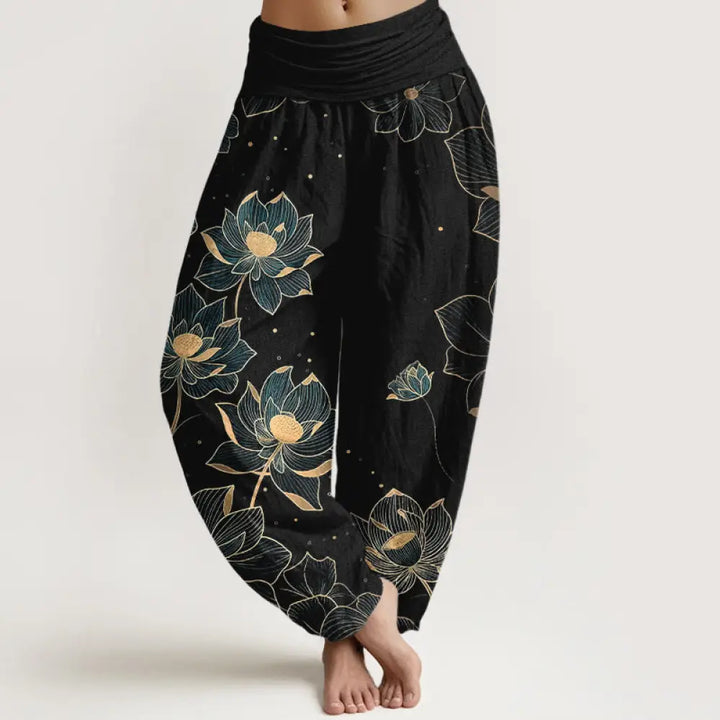 Buddha Stones Pure Cotton Delicate Lotus Pattern Women’s Elastic Waist Harem Pants - Black / US2，UK/AU6，EU34 (XS)
